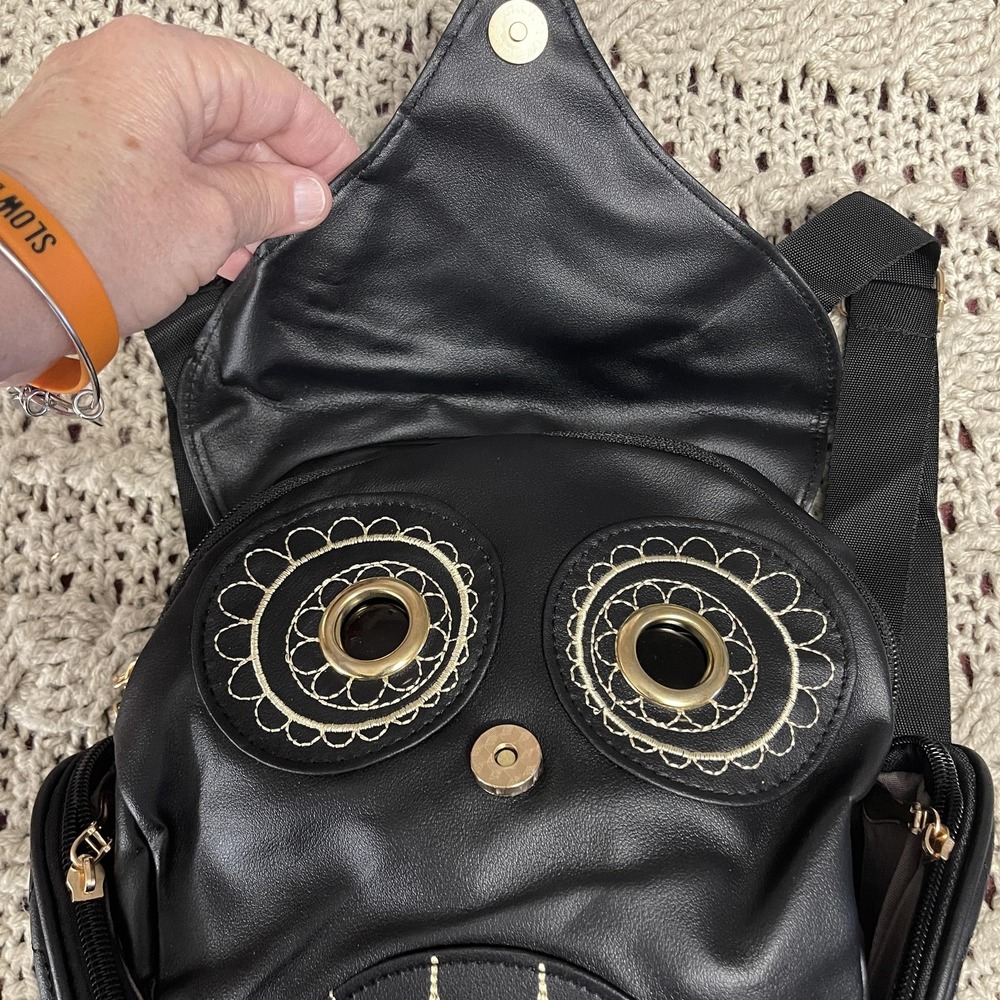 Owl Backpack Black Faux Leather Embroidered Eyes Side Zipper Pockets Cute Bag